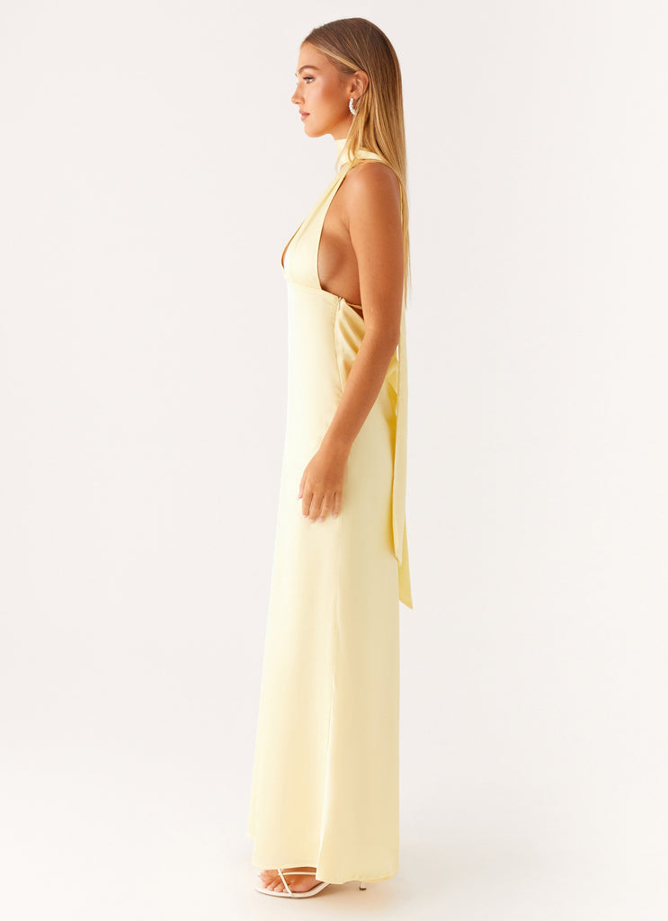 Alicia Satin Halter Maxi Dress - Yellow Peppermayo Canada Alicia Satin Halter Maxi Dress - Yellow Peppermayo Canada
