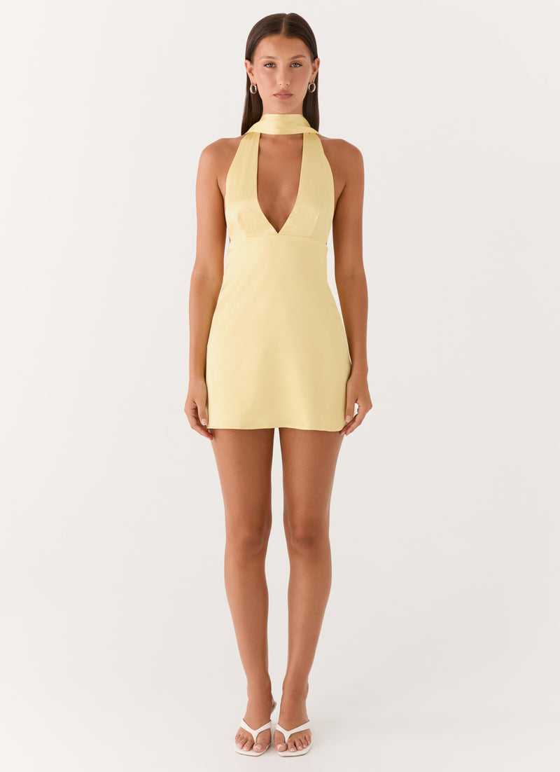 Alicia Satin Halter Mini Dress - Pastel Yellow