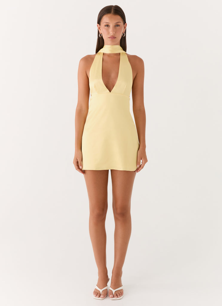 Alicia Satin Halter Mini Dress - Pastel Yellow