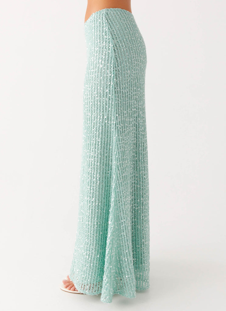 Amoura Sequin Low Rise Maxi Skirt - Mint Sage