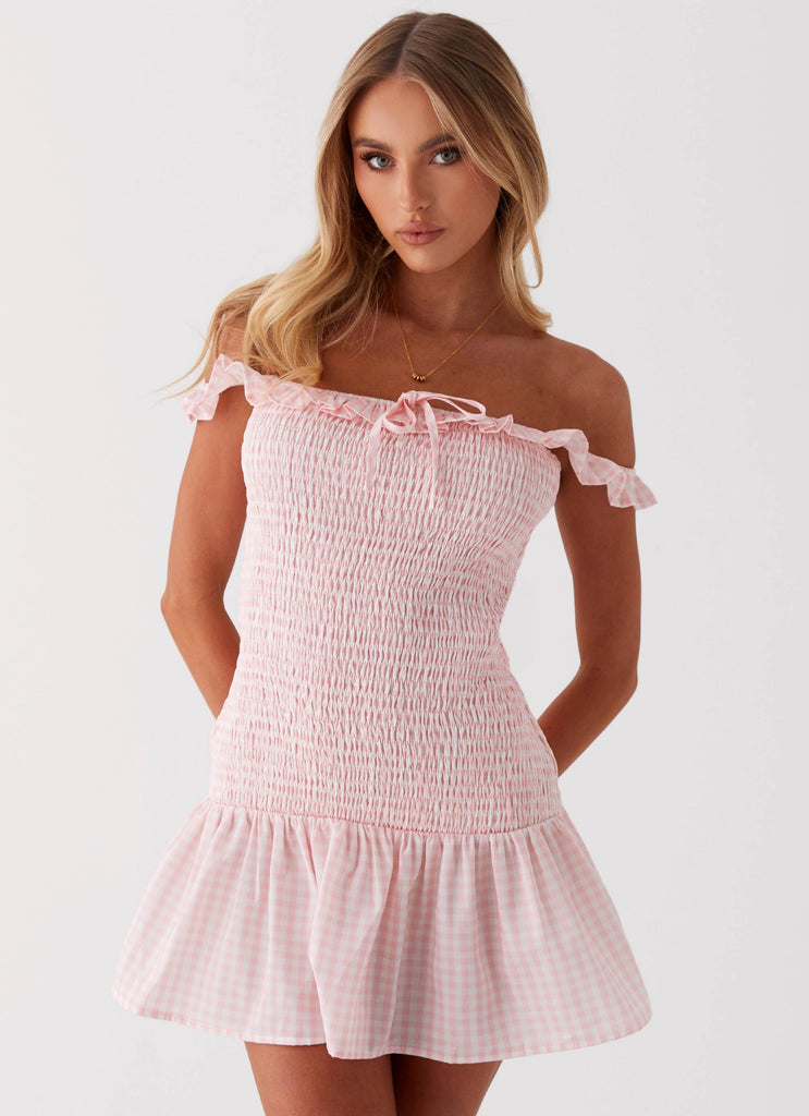 Womens Anica Mini Dress in the colour Pink Gingham in front of a light grey background