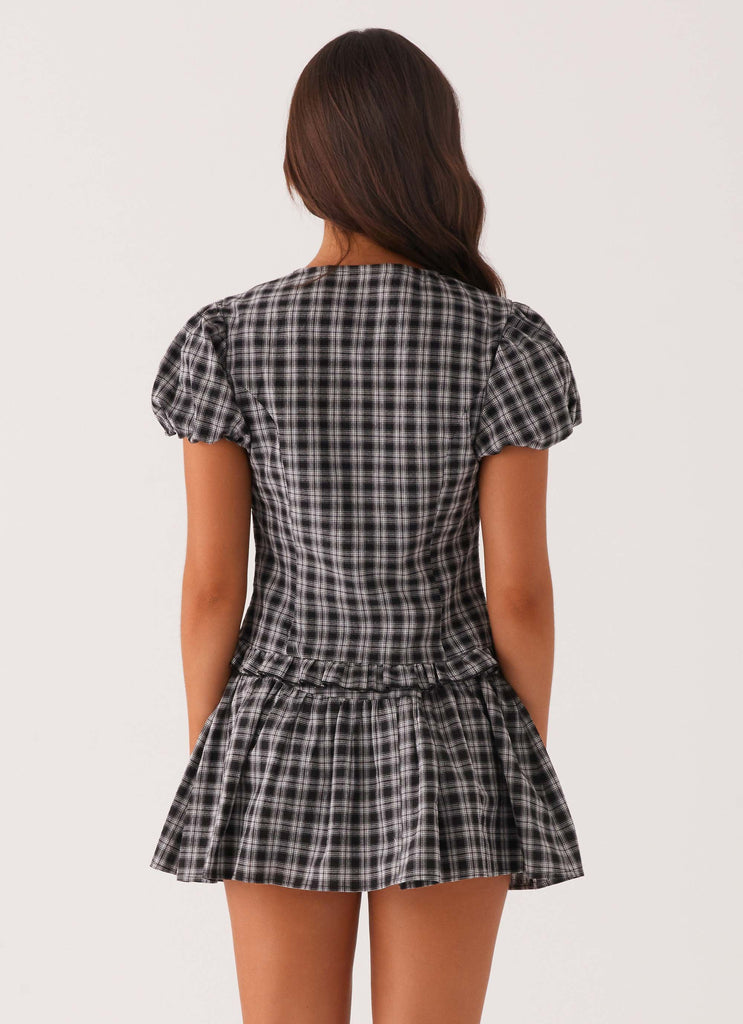 Annie Puff Sleeve Top - White Black Check