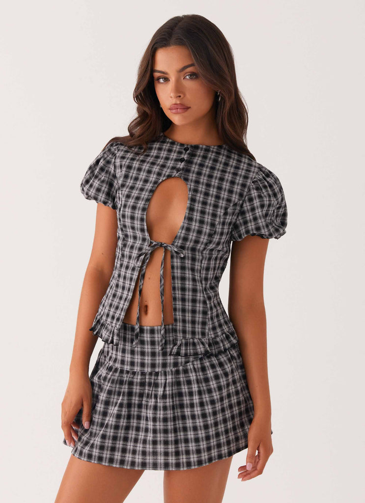 Annie Puff Sleeve Top - White Black Check