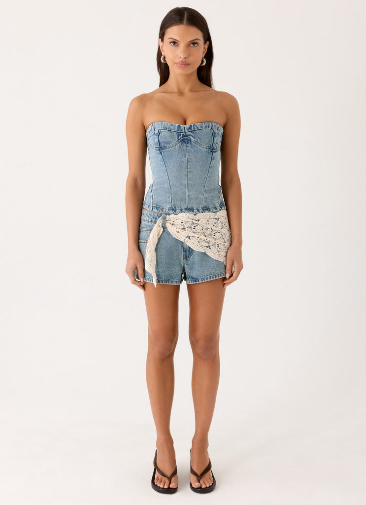 Avedon Scarf Denim Mini Shorts - Light Wash