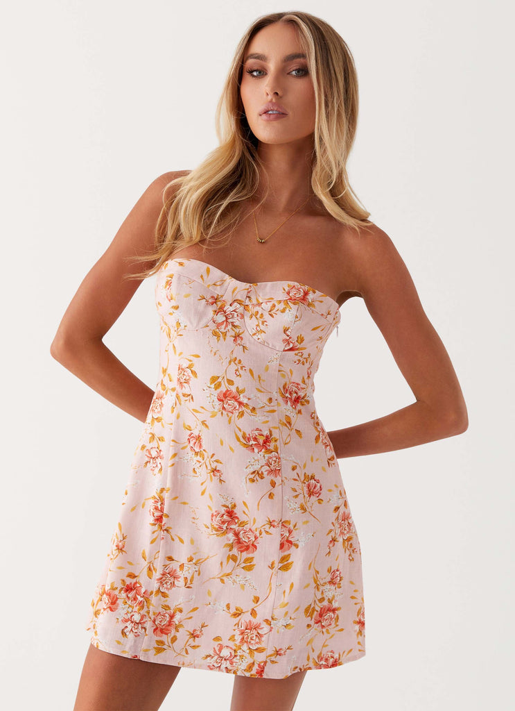 Womens Cali Strapless Mini Dress in the colour Pink Floral in front of a light grey background