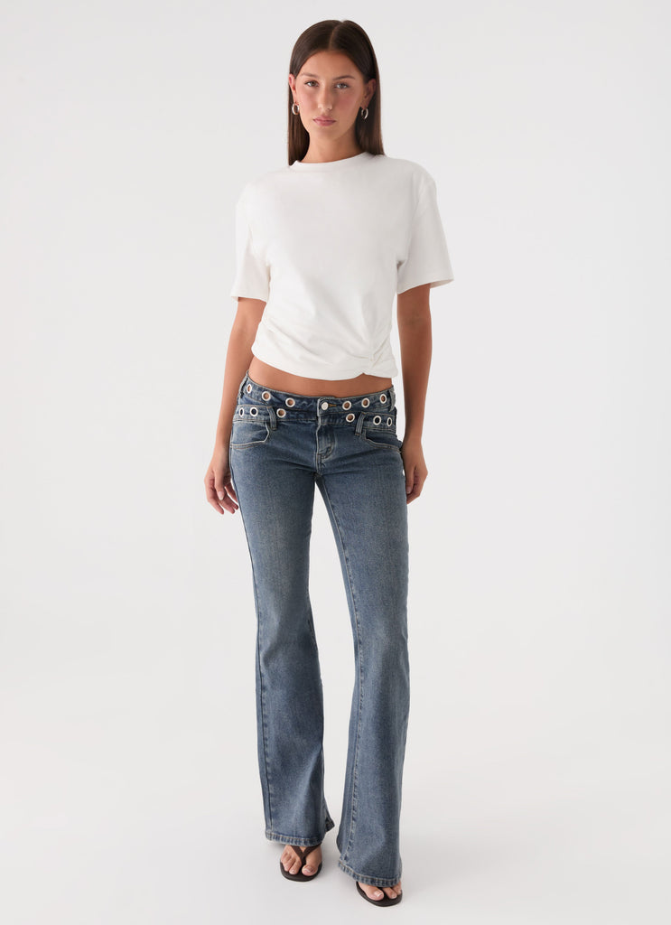 Carson Low Rise Eyelet Jeans - Blue Wash