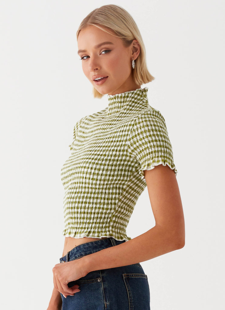 Womens Cleo Tee in the colour Khaki Gingham in front of a light grey background