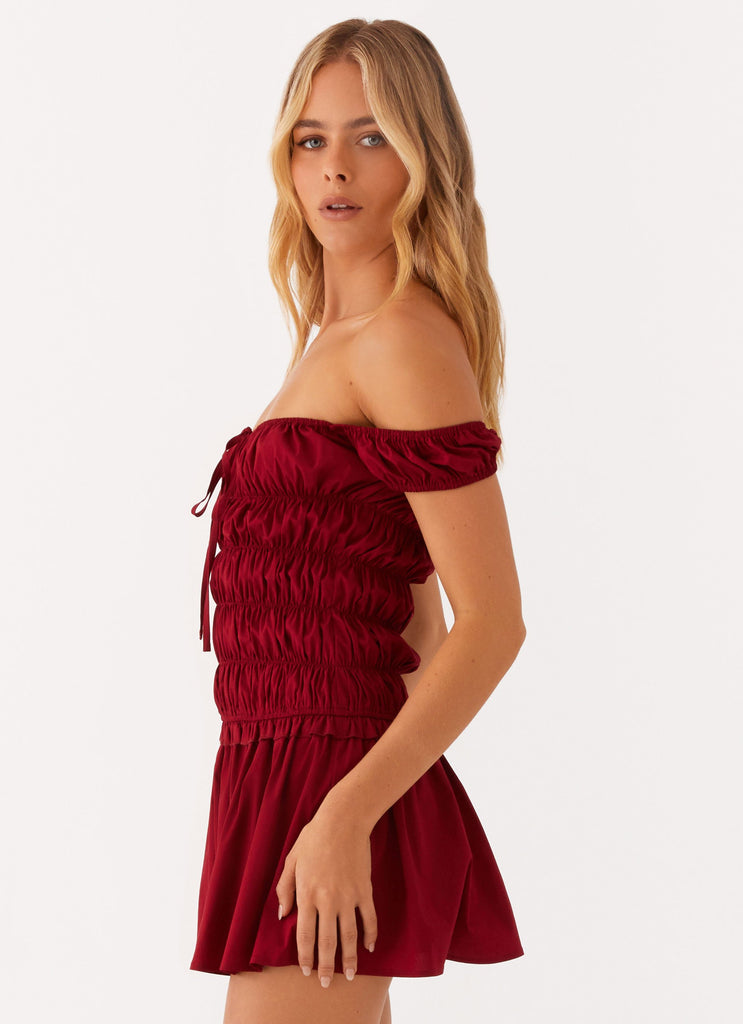 Countryside Off Shoulder Mini Dress - Deep Red