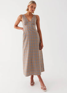 Daphny Gathered Bust Midi Dress - Check