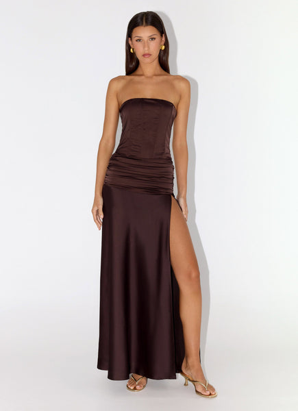 Darana Corset Satin Maxi Dress - Chocolate – Peppermayo Canada