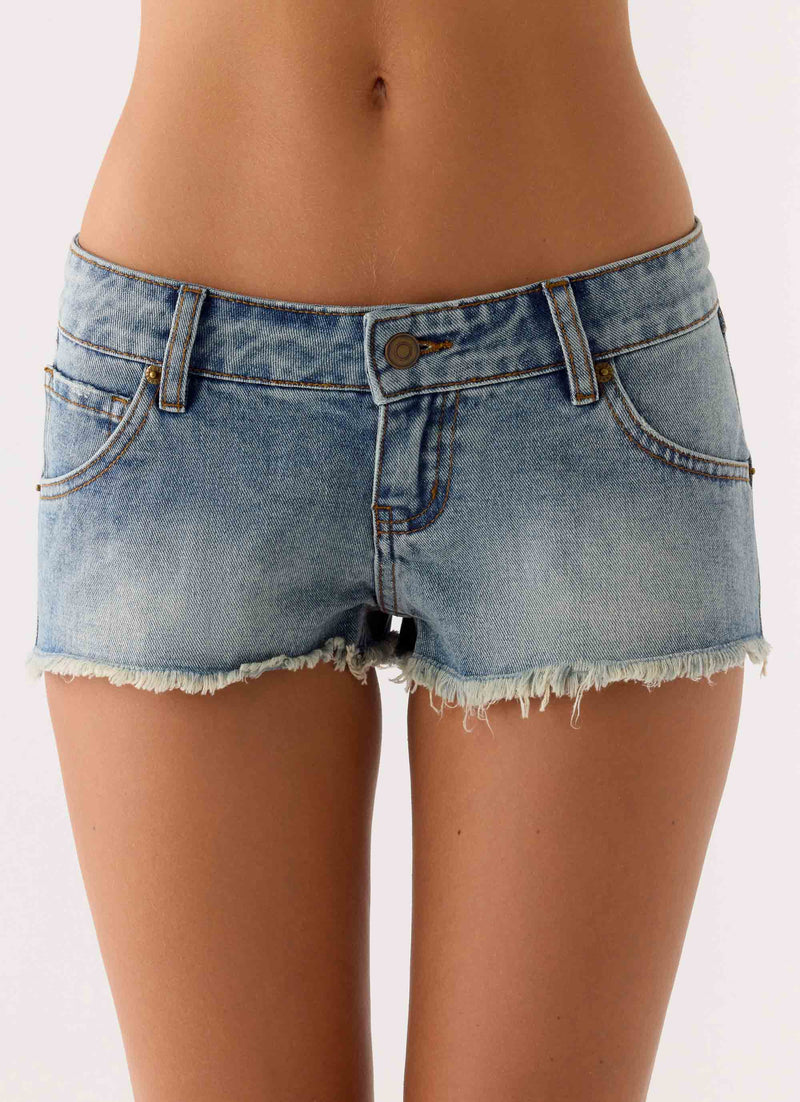 Elias Low Rise Distressed Denim Shorts - Vintage Wash Blue