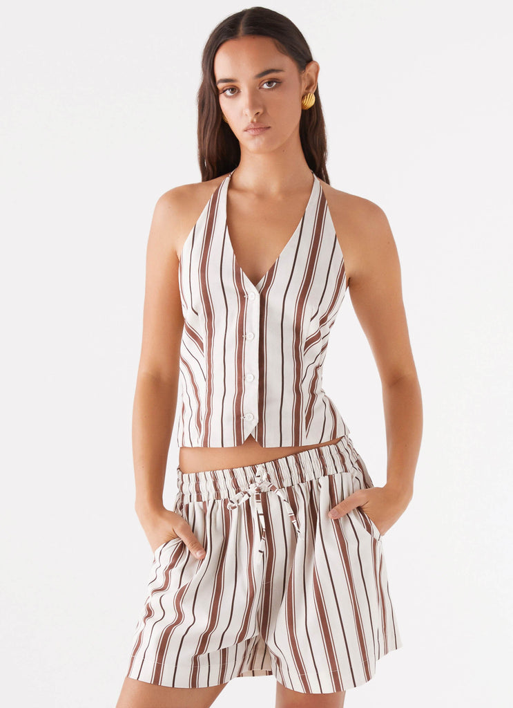 Ellie Linen Halterneck Vest Top - Brown Stripe