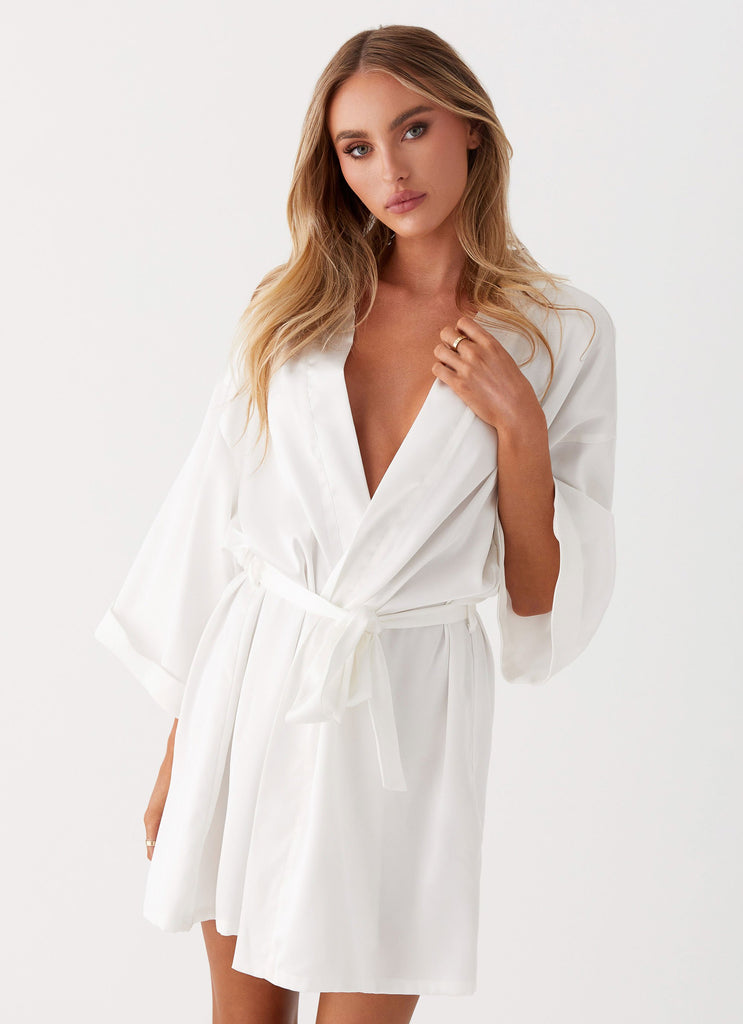 Womens Emmy Satin Robe in the colour White in front of a light grey background