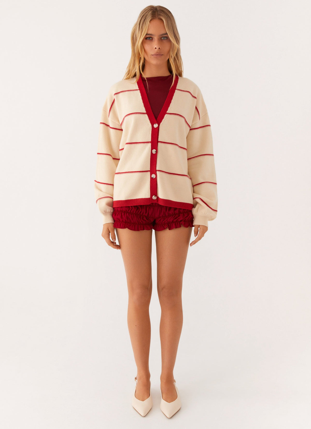 Estella Knit Cardigan - Ivory and Red Stripe