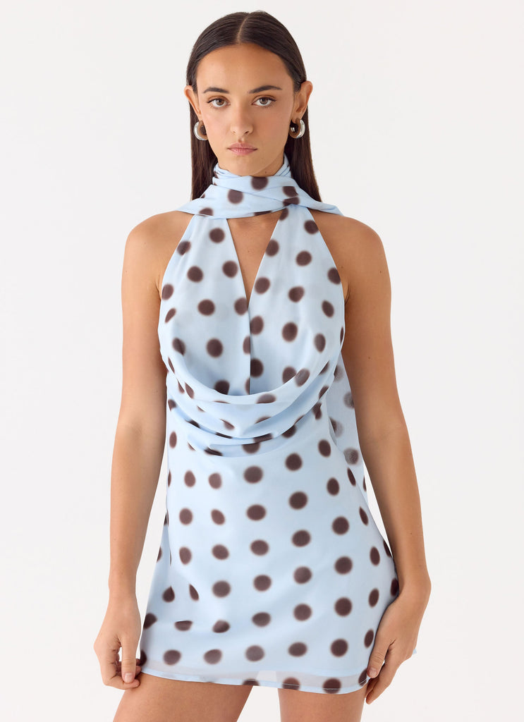 Get Me Halter Mini Dress - Blue Mocha Dot