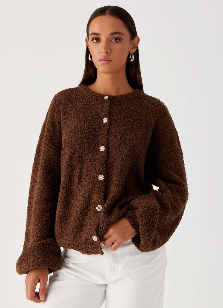 Womens Gracie Oversized Knit Cardigan in the colour Brown in front of a light grey background