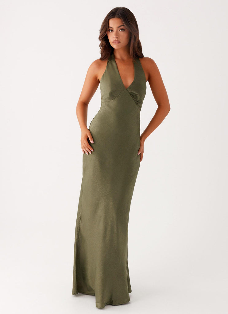 Heavy Hearted Satin Maxi Dress - Khaki