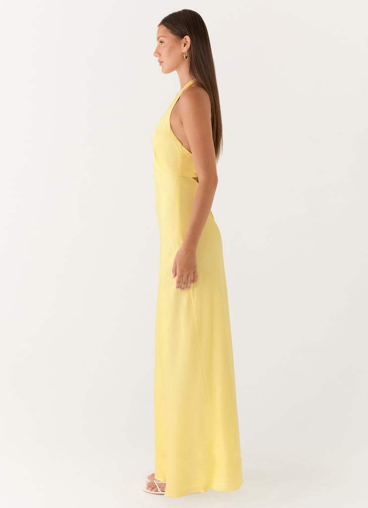 Heavy Hearted Satin Maxi Dress - Lemon