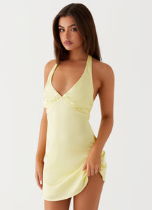 Womens Heavy Hearted Mini Dress in the colour Yellow in front of a light grey background