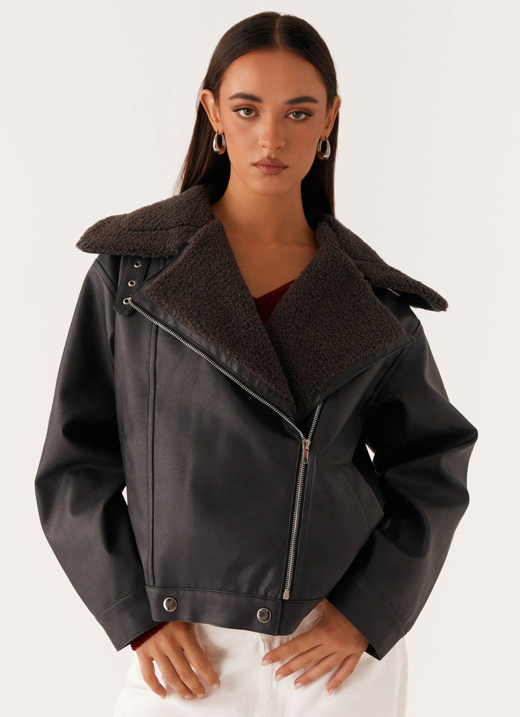 Inka PU Leather Shearling Jacket Charcoal