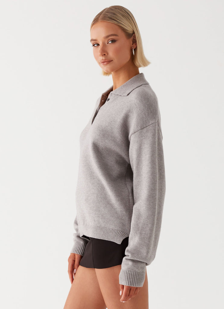 Womens Jaden Knit Polo Top in the colour Grey Marl in front of a light grey background