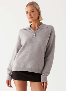 Womens Jaden Knit Polo Top in the colour Grey Marl in front of a light grey background