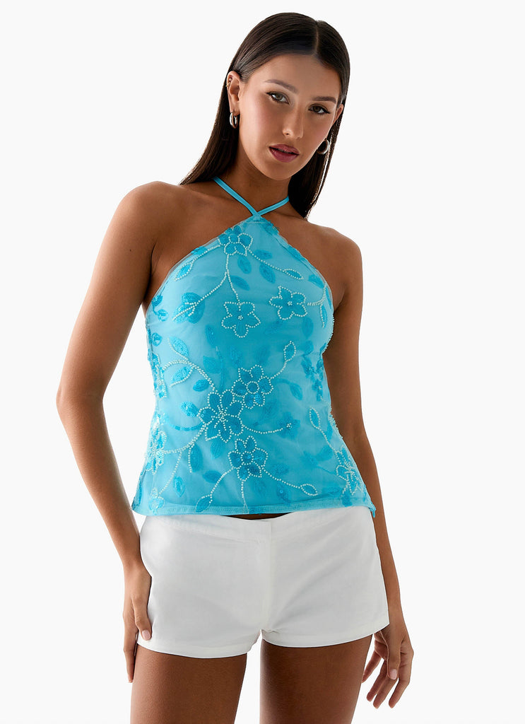 Janelle Beaded Halter Top - Blue