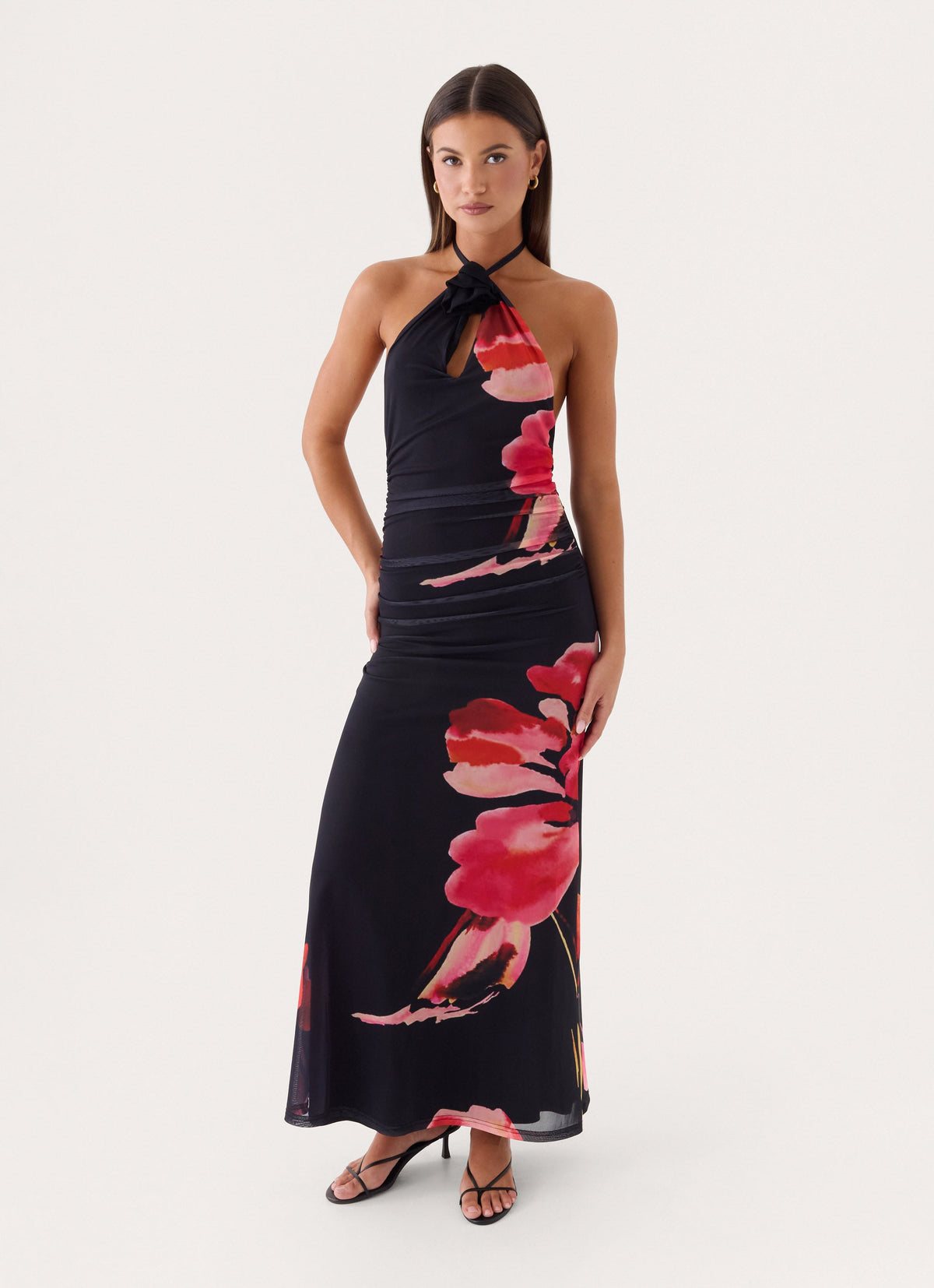 Janete Floral Halter Maxi Dress - Black Floral Print