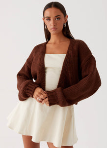 Womens Jasleen Knit Cardigan in the colour Brown in front of a light grey background