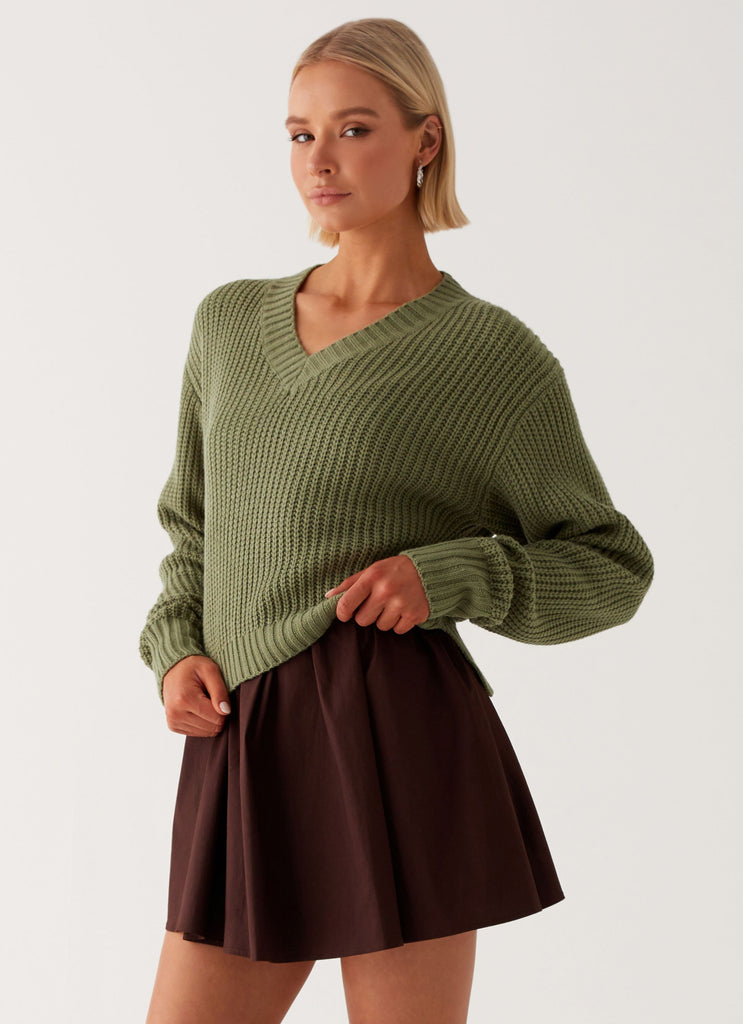 Womens Jenson Sweater in the colour Khaki in front of a light grey background