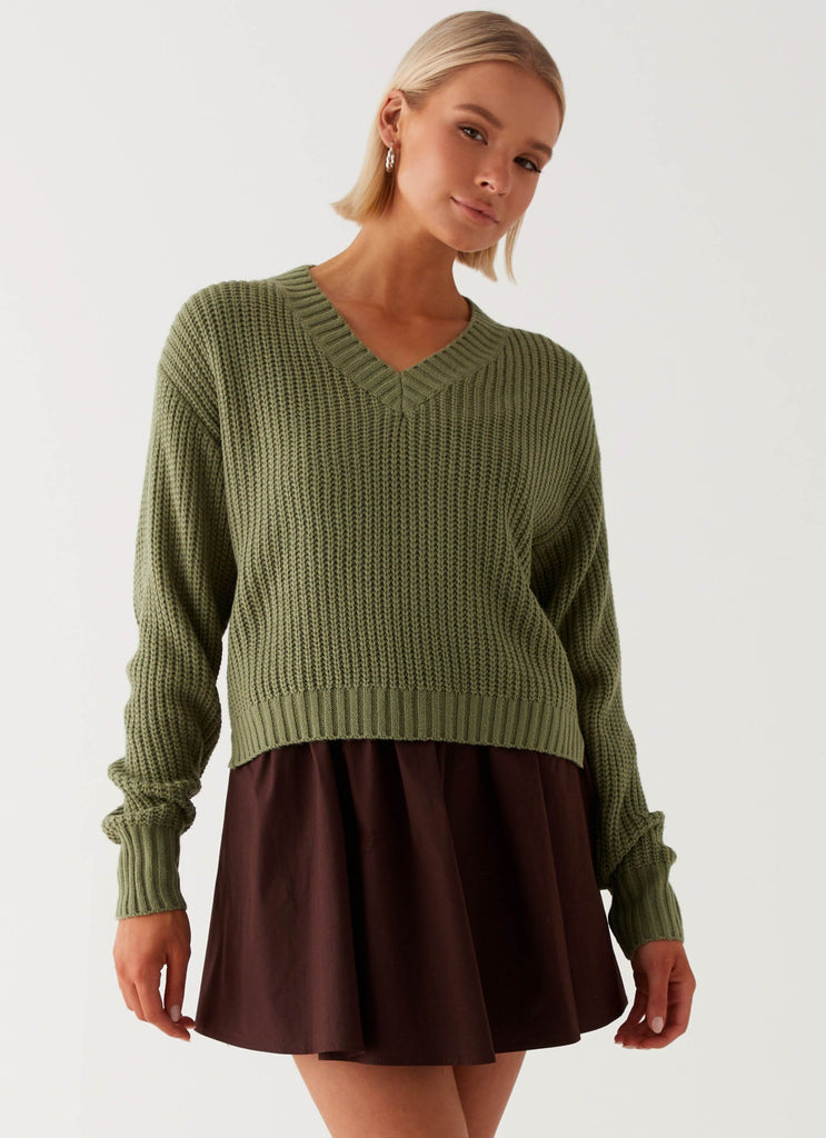 Womens Jenson Sweater in the colour Khaki in front of a light grey background