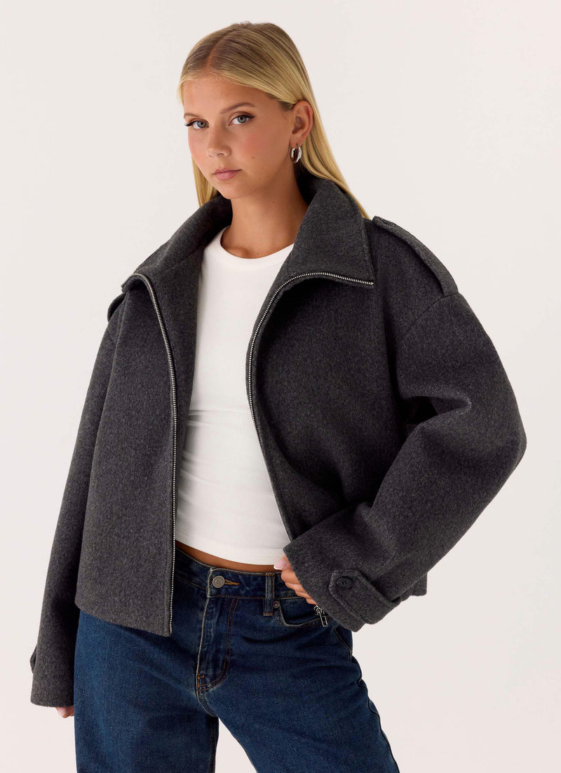 Kaiden Faux Wool Bomber Jacket - Charcoal