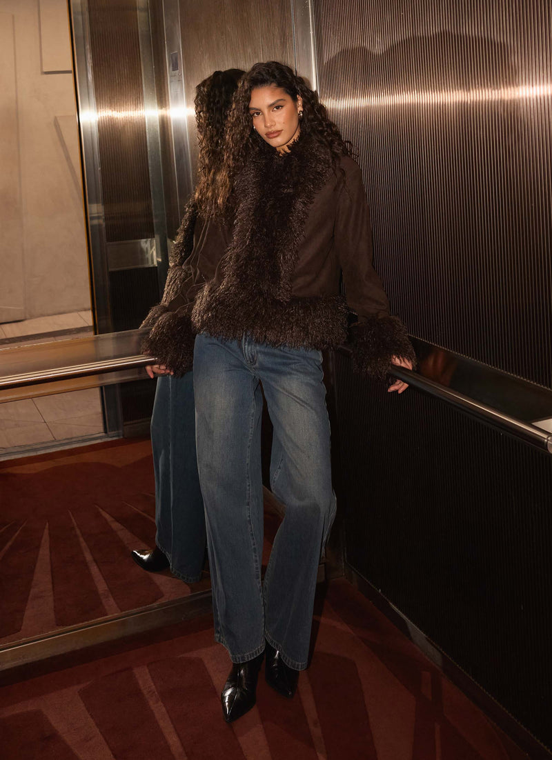 Kamsy Fur Trim Coat - Chocolate