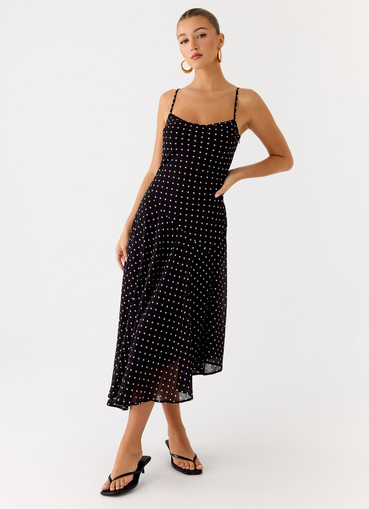 Keep You Waiting Midi Dress - Black Polkadot
