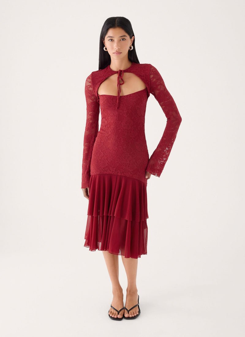 Lenora Lace Midi Dress - Fire Red