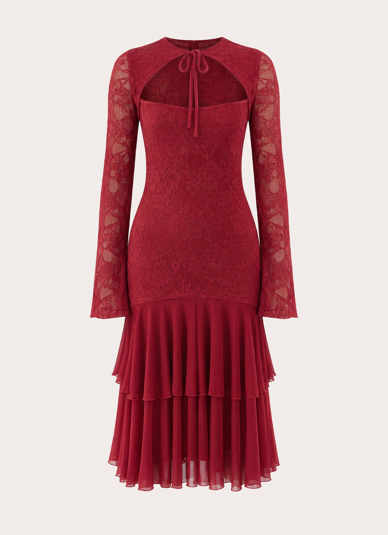 Lenora Lace Midi Dress - Fire Red