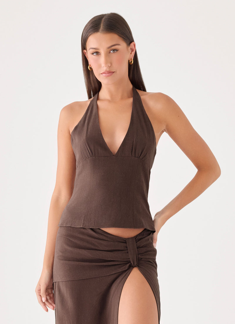Lielle Linen Halter Top - Chocolate
