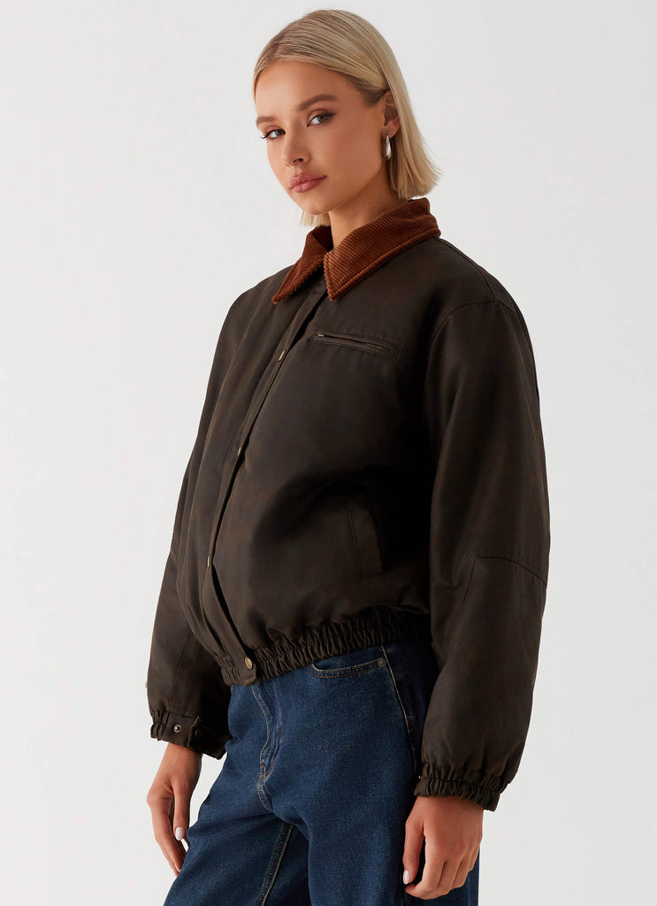 Womens Lucky Gal Bomber Jacket in the colour Waxed Brown in front of a light grey background