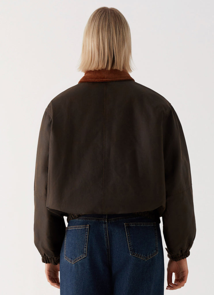 Womens Lucky Gal Bomber Jacket in the colour Waxed Brown in front of a light grey background