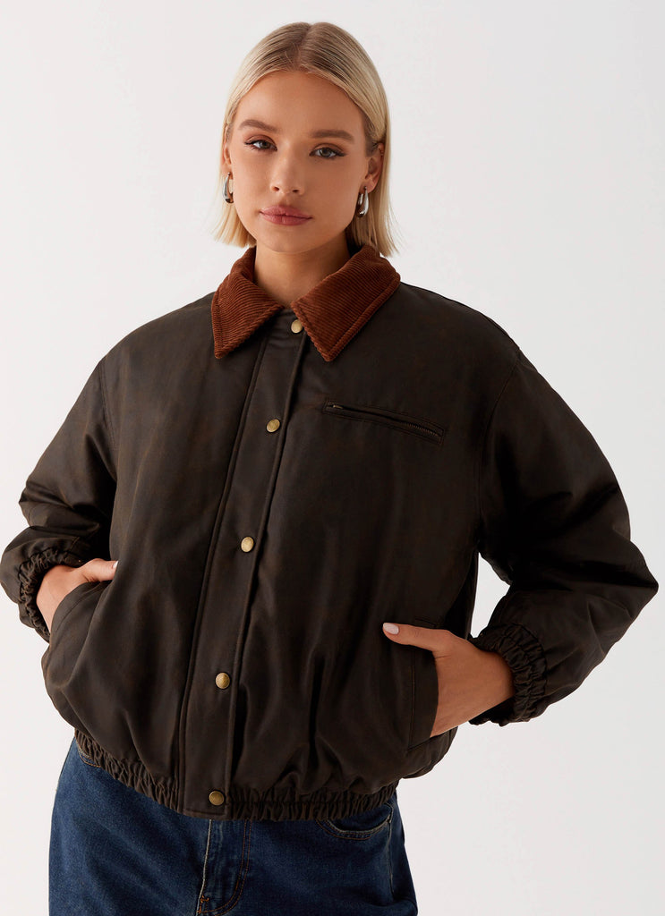 Womens Lucky Gal Bomber Jacket in the colour Waxed Brown in front of a light grey background