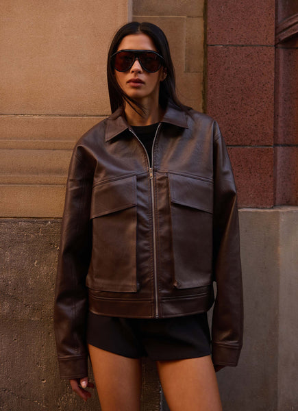 Lula Faux Leather Bomber Jacket - Chocolate – Peppermayo Canada