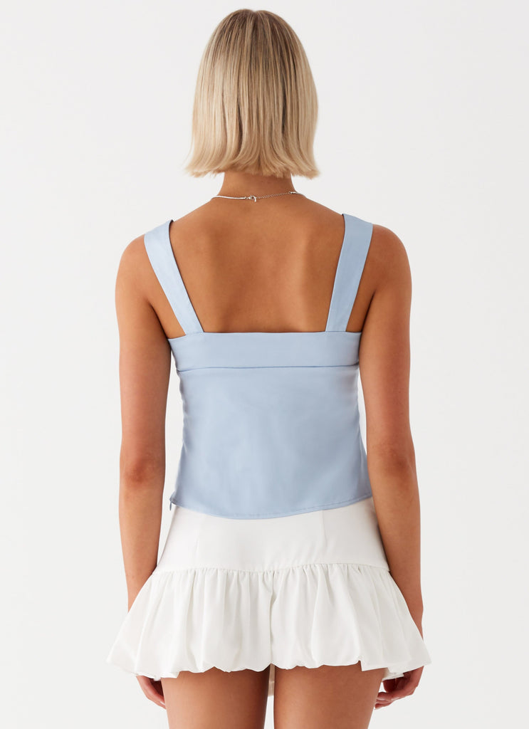 Womens Lylah Satin Top in the colour Blue in front of a light grey background