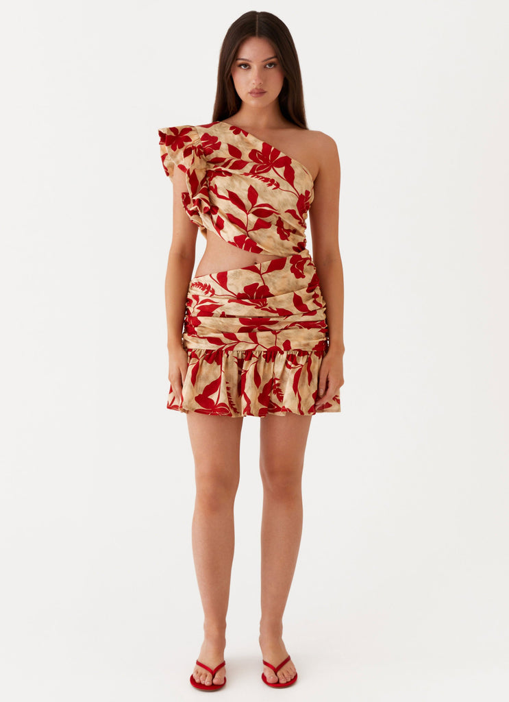 Womens Maisie Linen Mini Dress in the colour Red Green Floral in front of a light grey background