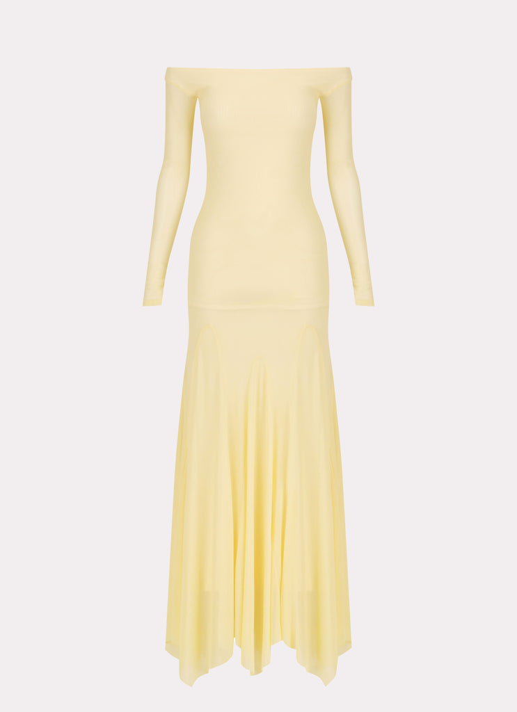 Womens Maribel Maxi Dress in the colour Yellow in front of a light grey background