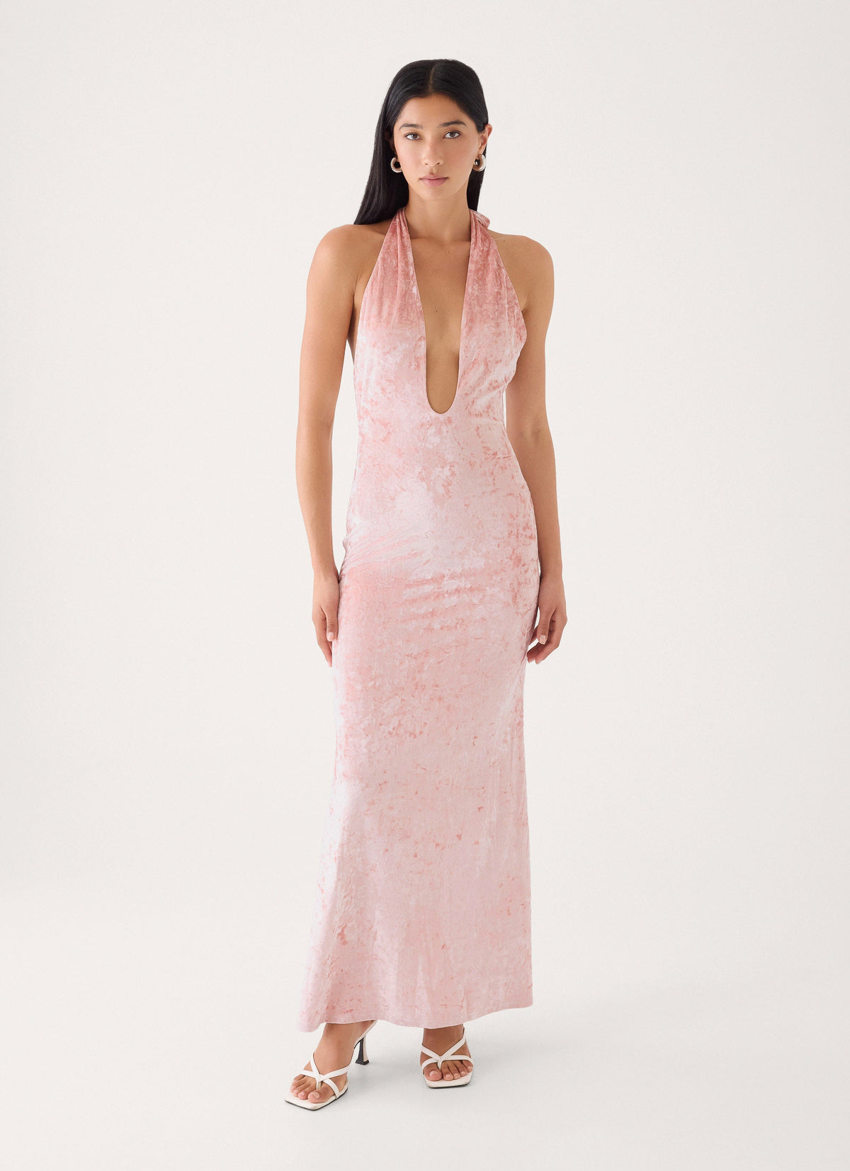 Memory Lane Crushed Velvet Halter Maxi Dress - Soft Pink
