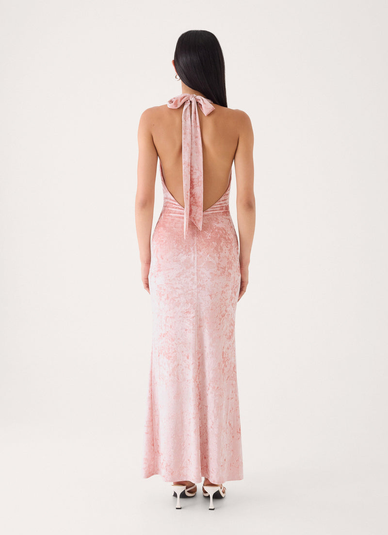 Memory Lane Crushed Velvet Halter Maxi Dress - Soft Pink