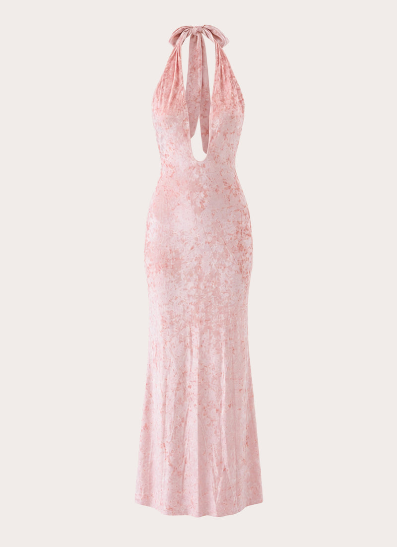 Memory Lane Crushed Velvet Halter Maxi Dress - Soft Pink