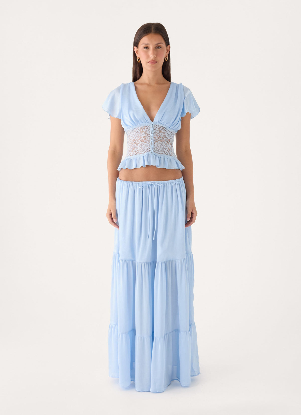 Morino Lace Button Up Top - Blue