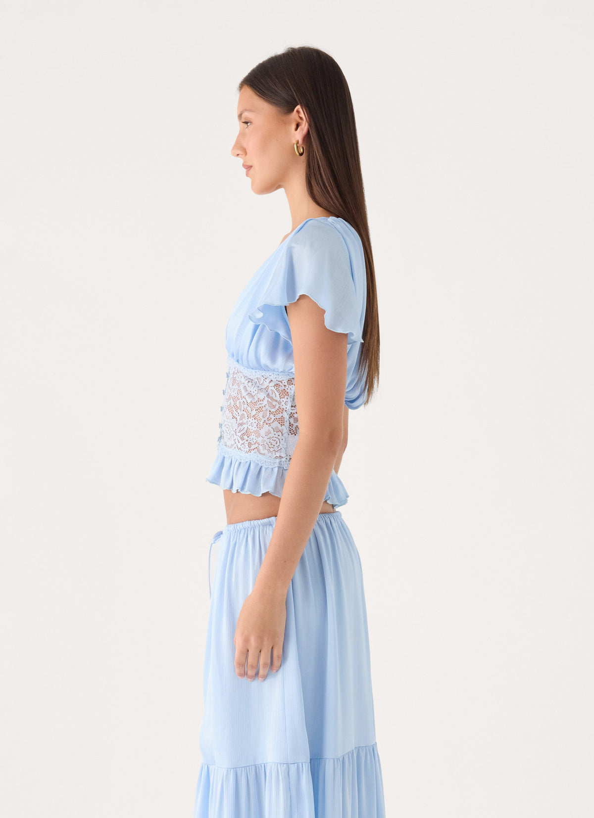 Morino Lace Button Up Top - Blue
