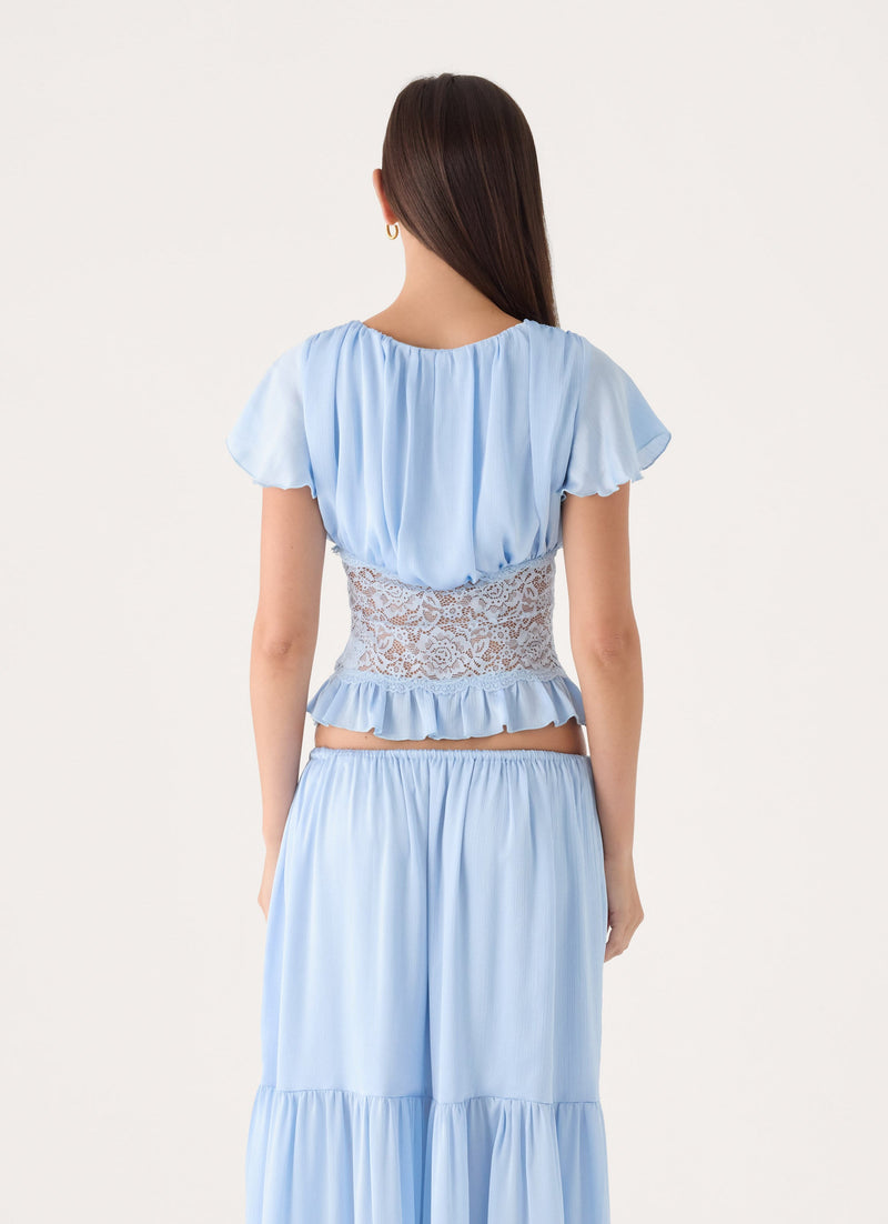 Morino Lace Button Up Top - Blue